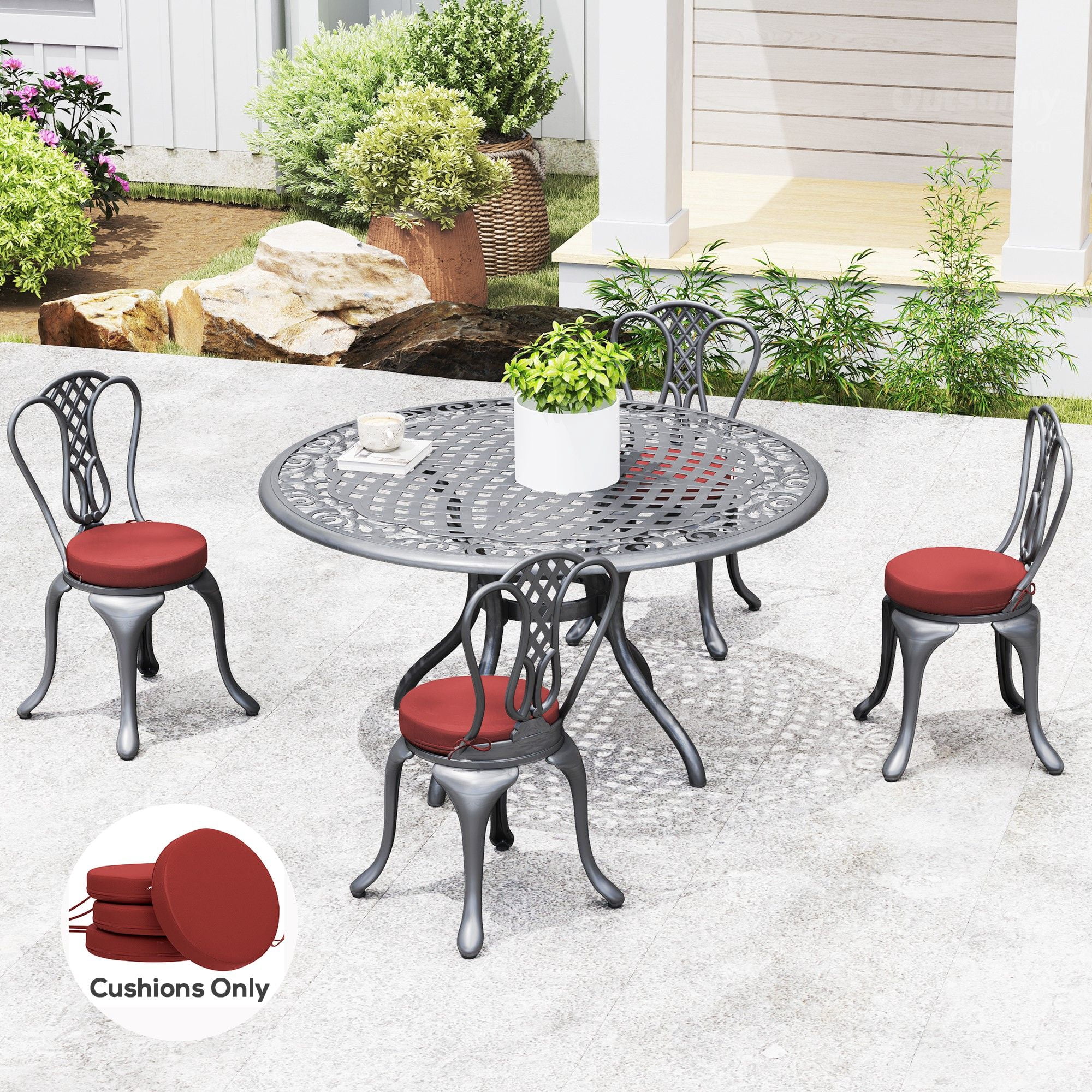 Alvantor Set of 4 Chair Cushions 3" Thick Round Seat Cushions for Dining Bistro Chairs, Machine Washable, 15" x 15", Wine Red
