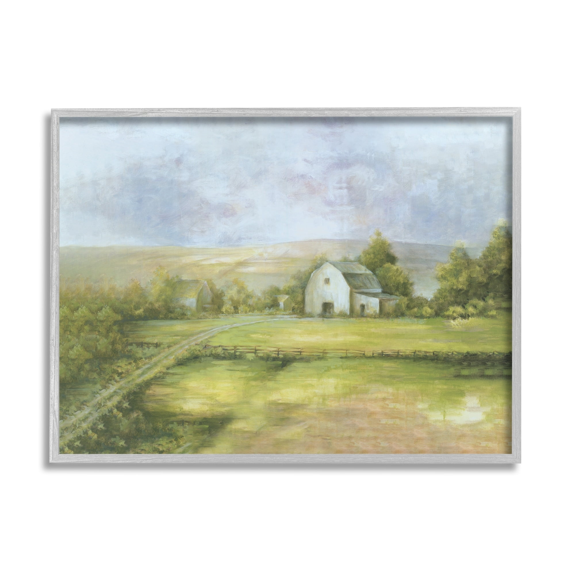 Stupell Industries Distant White Barn Vast Rural Farmland Fields Painting Gray Framed Art Print Wall Art, Design by White Ladder