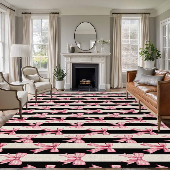 Area Rug for Living Room, Pink Bow Non-Slip Indoor Large Carpet for Bedroom/Dining Room, Black Beige Vintage Striped Sweet Art Washable Low-Profile Rectangle Floor Runner Rugs - 6 x 9 Ft