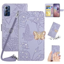 SaniMore Case for Motorola Moto G Stylus 6.5" 2023, [Crossbody/Wrist Lanyard] PU Leather Embossed Butterfly [Diamond Clasp] Card Slots Kickstand Shockproof Shockproof Glitter Wallet Shell, Lightpurple