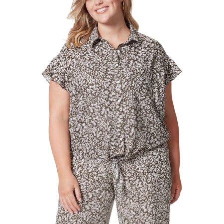 Jessica Simpson Womens Plus Floral Print Front Tie Button-Down Top