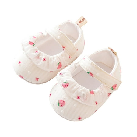 

Biekopu Baby Girls Mary Jane Flats Non-Slip Strawberry Print Ruffle Princess Dress Shoes Infant Crib Shoes