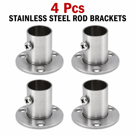 4pcs Stainless Steel Shower Rod Flange Holders, Metal Brushed Finish Closet Rod Support Brackets, Closet Rod Holder|Modern Finish|Brushed Metal Finish