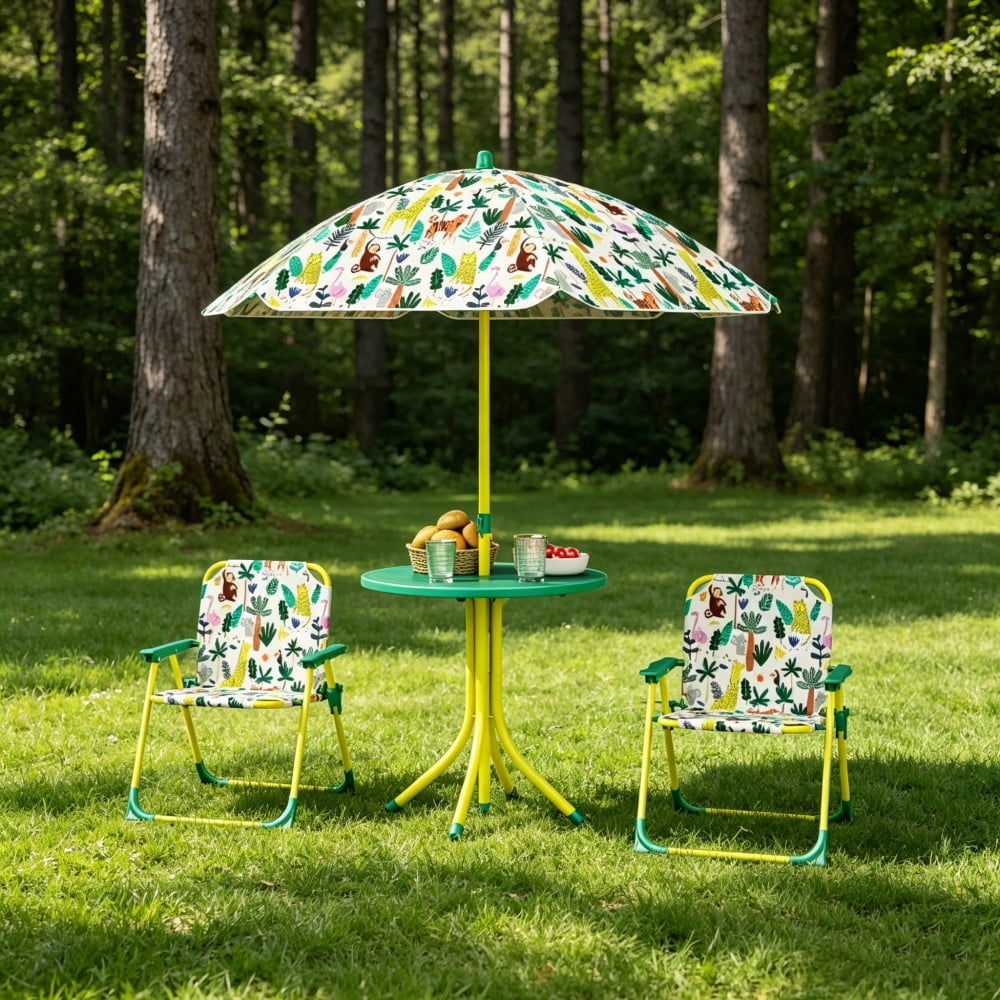 4-Piece Kids Play Set - Foldable Table, Chairs & Umbrella with Monkey/Giraffe Design, Green/Yellow/White, for 2-5 Years Old Toddlers