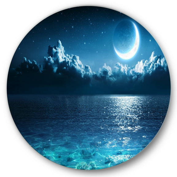Designart 'Romantic Moon and Clouds Over Deep Blue Sea I' Nautical & Coastal Circle Metal Wall Art 36x36 - Disc of 36