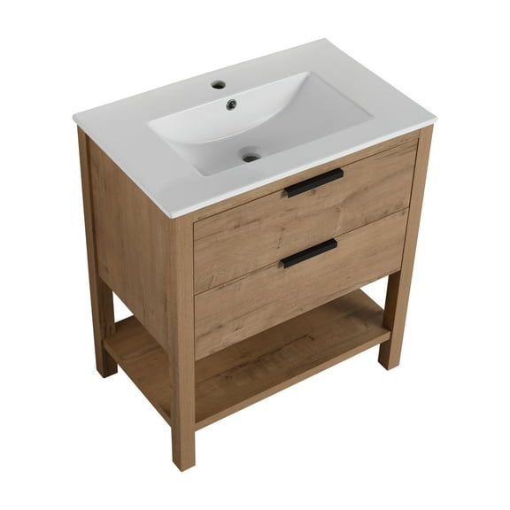 Noble House 30" Freestanding Bathroom Vanity Cabinet, Plywood Soft-Close Drawers, Excluded Sink, Imitative Oak
