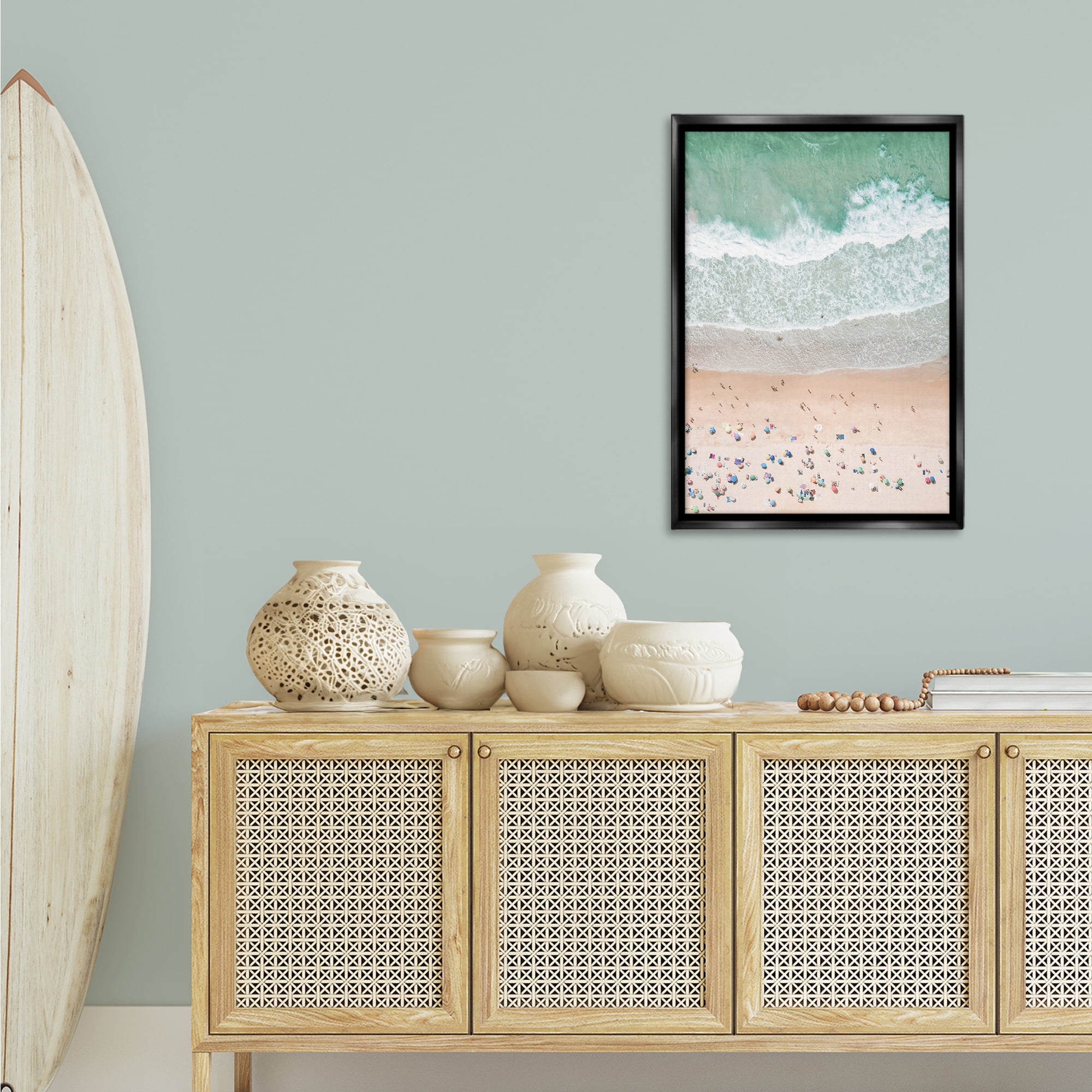 Stupell Industries Aerial Summer Beach Nautical & Beach Painting Black Floater Framed Canvas Art Print Wall Art, 21 x 31