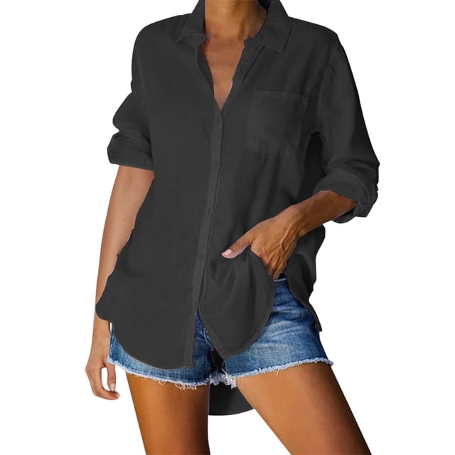 YFELWZ Women's Plus Size Solid Color Casual Loose Breasted Shirt Top Black XL