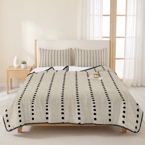 3 Pieces Queen Quilt Set,Farmhouse Black Dotted Line Soft Bedding Sets with 1 Quilt & 2 Pillow Shams,Rustic Beige Burlap Linen Summer Bedspread Lightweight Coverlet Comforter for All Season