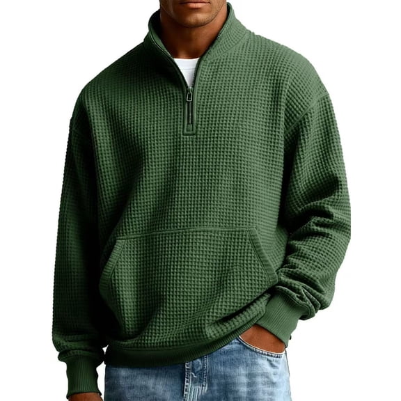 Yucgh Men's Vintage Quarter Zip Stand Collar Sweatshirt, Small Grid Print with Chest Pocket, Loose Fit Long Sleeve Top for Casual and Outdoor Wear,Army Green