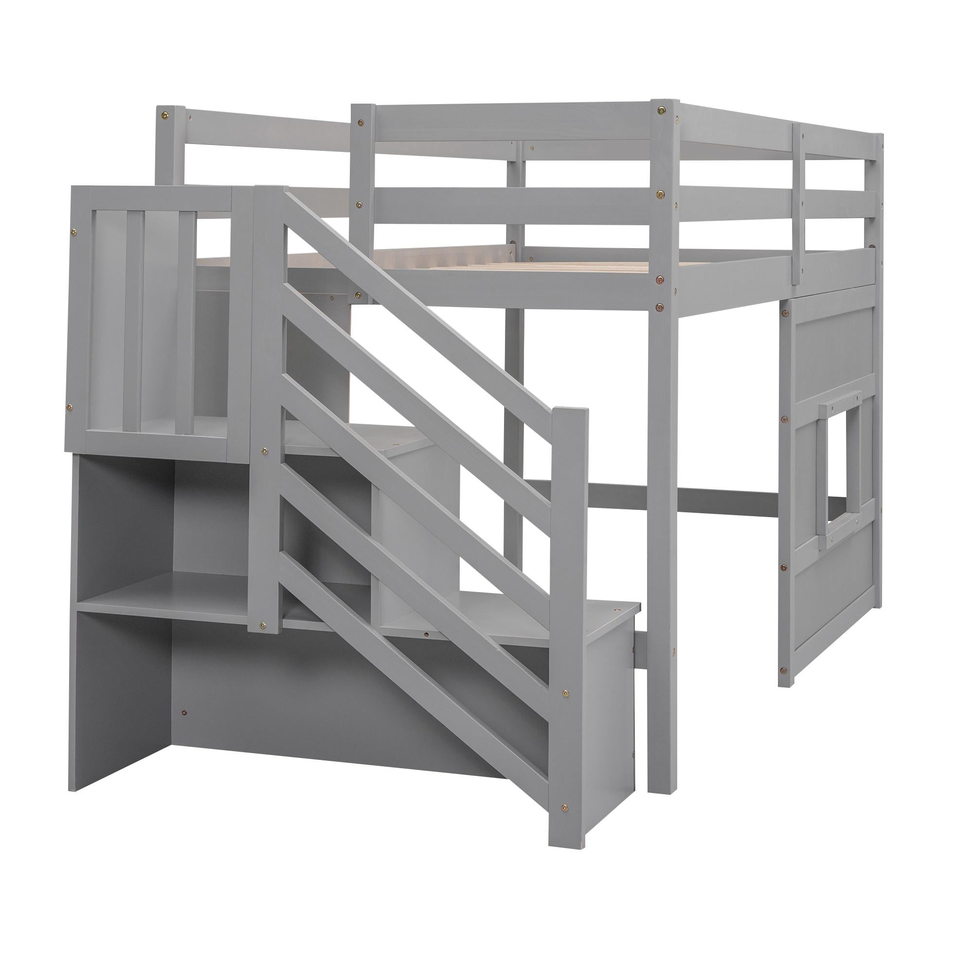 Bellemave Low Loft Bed with Stairs, Twin Size Loft Bed with LED Light and Storage Space, Wood Loft Bed Frame for Bedroom (Gray)