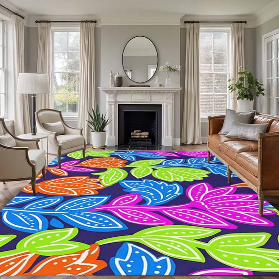 Large Area Rugs for Living Room Bedroom, Abstract Flower 8'x10' Rug Washable Carpet Runner Indoor Outdoor, Spring Colorful Botanical Floral Leaf Non Slip Floor Mats Rug for Kitchen, Patio