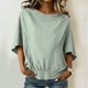 thumbnail image 2 of Camisas de Manga Larga para las Mujeres Suelto Ajuste Plisado Lino Cuello en V Cuarto Superior Manga de Moda de Color Sólido Blusa, 2 of 9