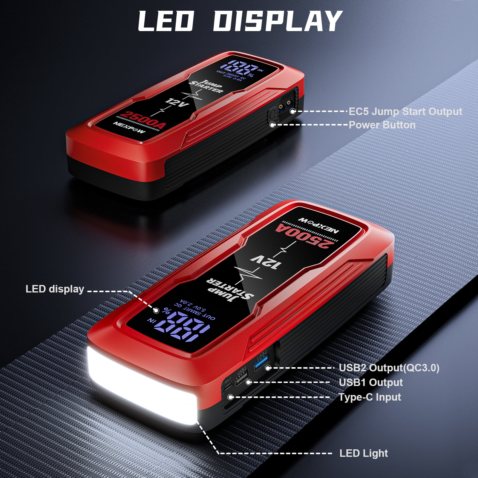NEXPOW 2500A Car Jump Starter, 18000mAh Battery Starter with LED Display (up to 8.0L Gas & 6.0L Diesel Engine),12V Auto Jump Box with LED Light,USB QC 3.0