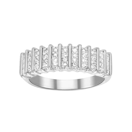 Rhodium Plated Brass Ring - Ladies Diamond Accent Straight Ribbed Design Ring in Rhodium Plated Brass