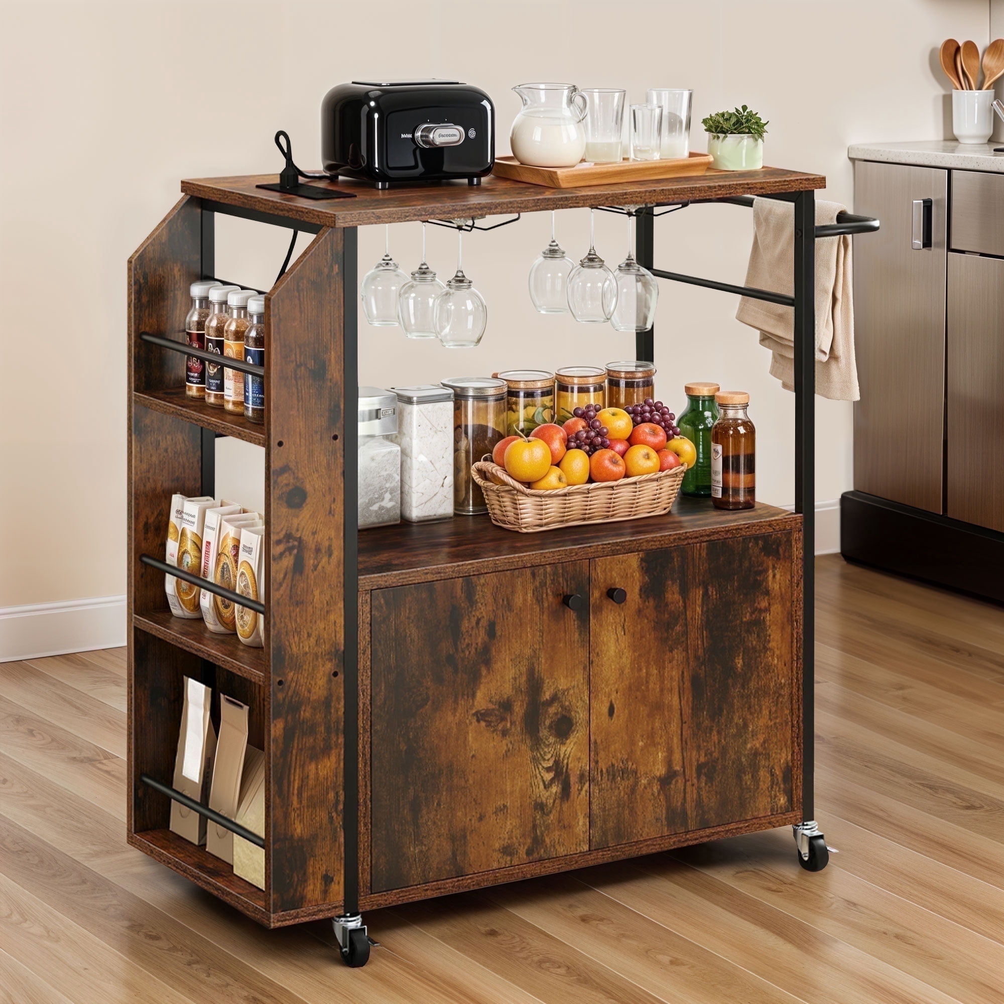 ModFusion 36" Modern Rolling Kitchen Island Cart with Power Outlet, Microwave Stand, Spice Rack, Open Shelves & Swivel Casters – Kitchen Serving & Storage Cart