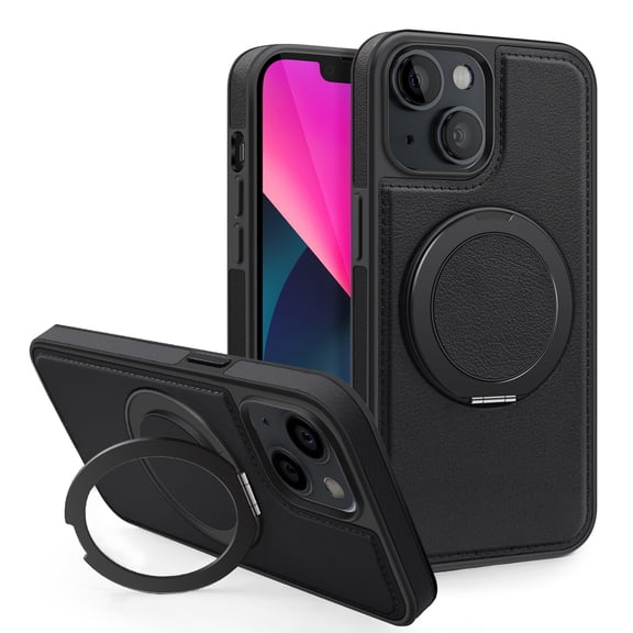 3-in-1 [Magnetic KickStand Ring Holder] for iPhone 13 PU Leather Case, Compatible with MagSafe, Invisible 360° Rotatable Ring Stand Shockproof Protective Magnetic Cover,Black