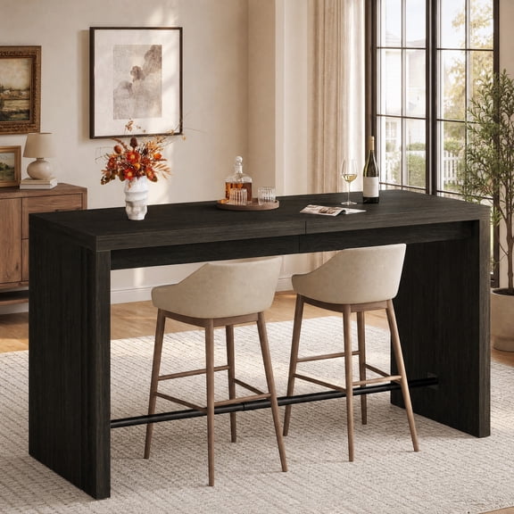 Fnova 63" Bar Table with Metal Footrest, Modern Counter Height Pub Table, Home Bar Unit for Kitchen, Dining Room, Black