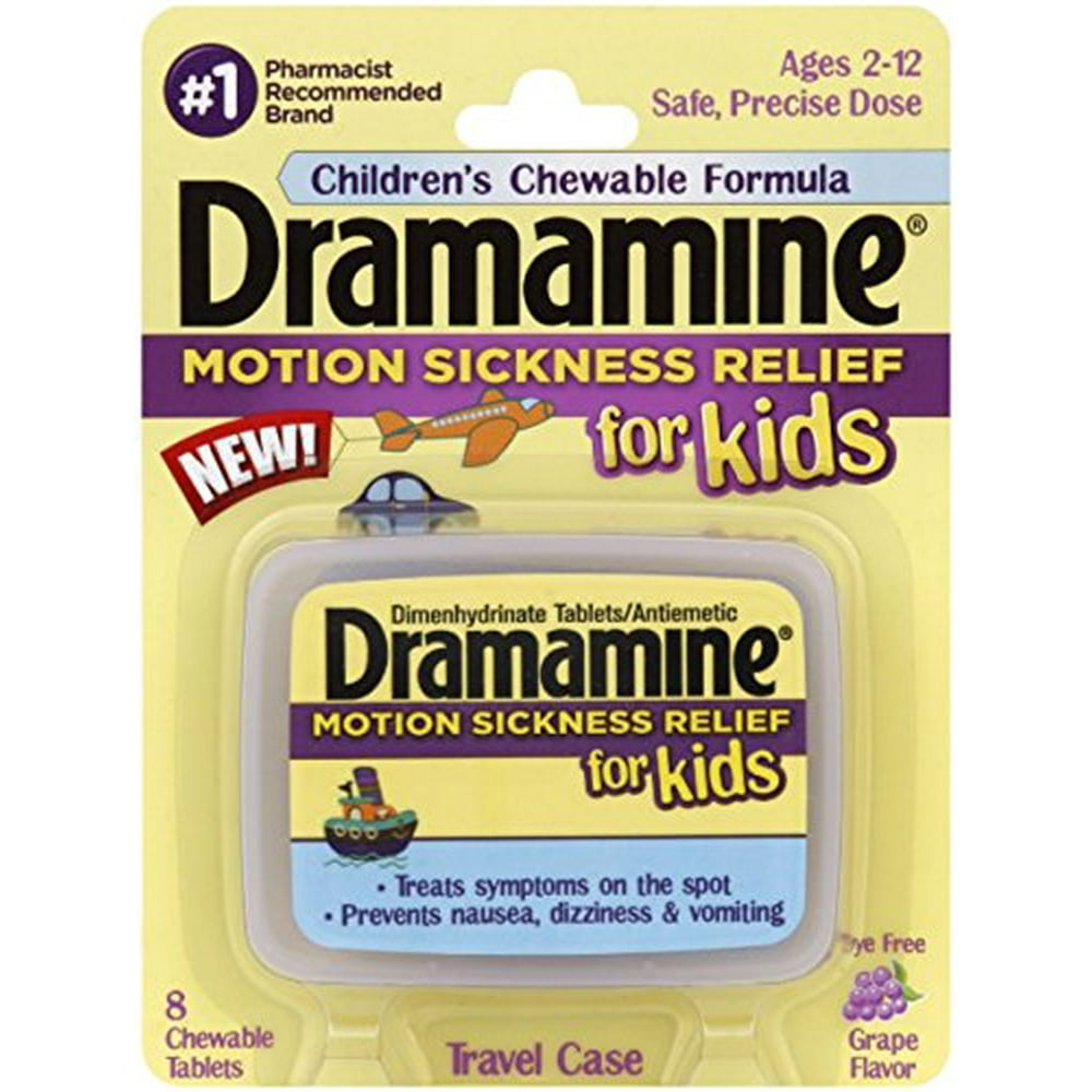 Dramamine Motion Sickness Relief for Kids, Grape Flavor, 8 Count