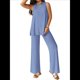 thumbnail image 1 of Conjunto de Dos Piezas para Mujer, Verano 2025, Camiseta Holgada Informal con Pantalones Anchos, Chándal A Juego. Azul XL, 1 of 7