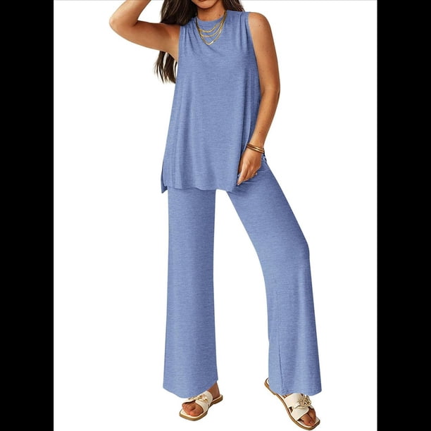 Conjunto de Dos Piezas para Mujer, Verano 2025, Camiseta Holgada Informal con Pantalones Anchos, Chándal A Juego. Azul L