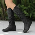 thumbnail image 3 of Slouchy Knee High Boots Women Hidden Wedge Low Heel Flat Booties Soft Leather Buckle Strap Pull on Zipper Round Toe Riding Boots, 3 of 7