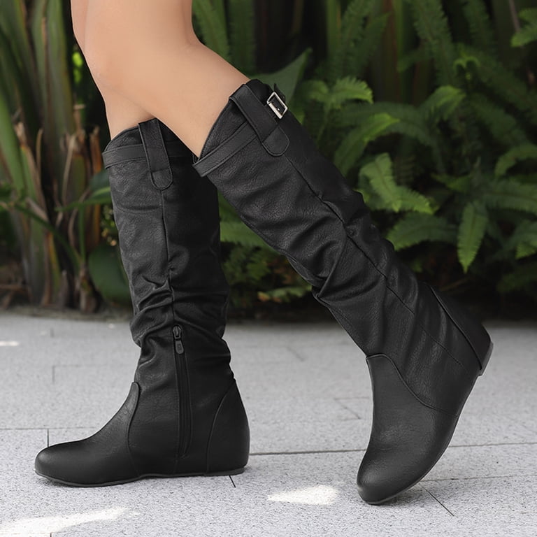 womens wide calf black dress boots Rokment Slouchy Knee High with No Heel Fashion Casual Leather Buckles Winter Spring Long Tall Boots Size 6 XWC lets you stride school event dress STRETCH BAND MINI DRESS Primary colour:Lavendar