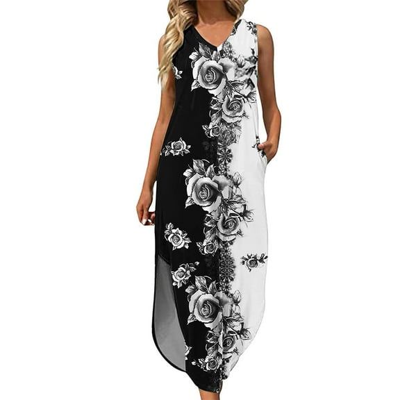 Spring Savings Clearance under 10.00 LYXSSBYX Womens Dresses Sleeveless Hot Sale Clearance Sexy Women's Fashion Sleeveless Printed V-Neck Ladies Pocket Vest Long Dress