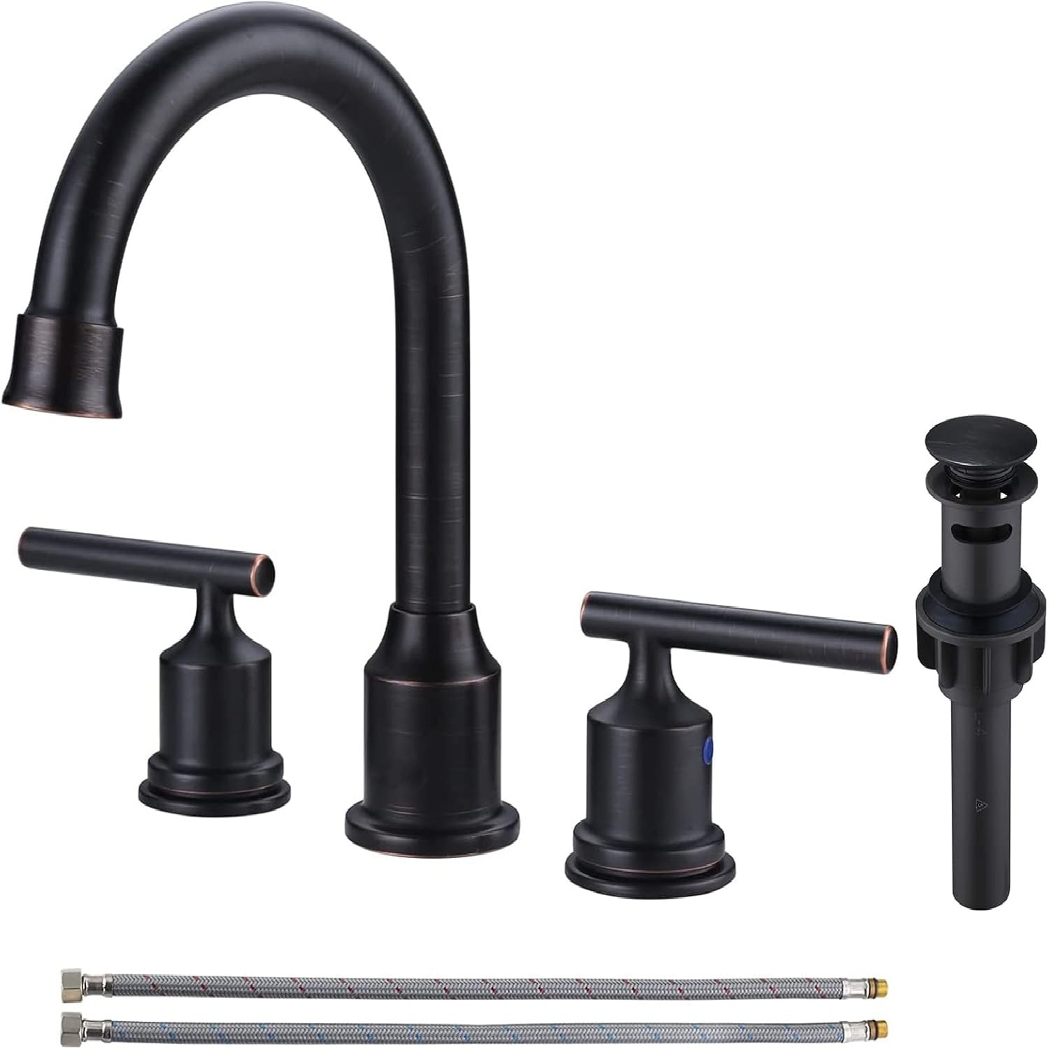 2 Handle Bathroom Faucet Oil Rubbed Bronze Bathroom Sink Faucet Widespread Vanity Faucet 3 Hole with Pop Up Drain and Supply Hoses High Arc Basin Faucet Brass
