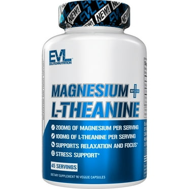 Evlution Nutrition Magnesium   L-Theanine - Natural Relaxation & Focus Support - 200mg Magnesium   100mg L-Theanine - Vegan & Non-GMO - Dietary Supplement - 45 Servings - 90 Veggie Capsules