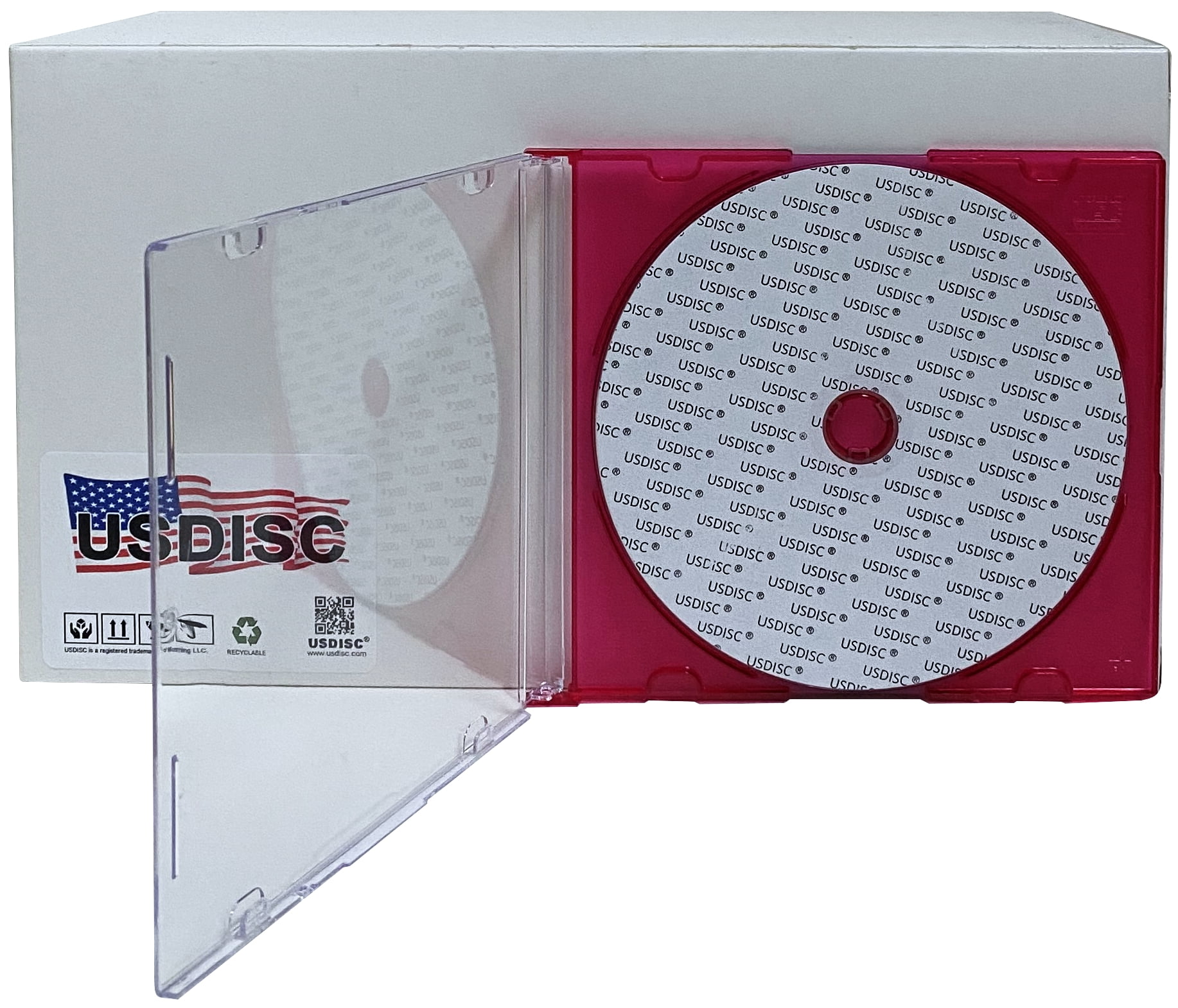 USDISC CD Jewel Cases Slimline 5.2mm, Single 1 Disc, Clear Red, Pack Of 100