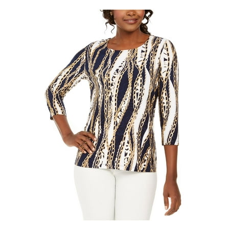 JM COLLECTION $44 Womens New Navy Printed 3/4 Sleeve Top PS Petites B+B