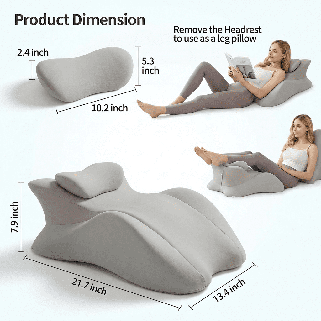 Memory Foam Wedge Pillow for Prone Reading & Bed Sitting – Ergonomic Multi-Position Support Cushion for Back Pain Relief, Leg Elevation, and Acid Reflux – Removable Cover, Gray