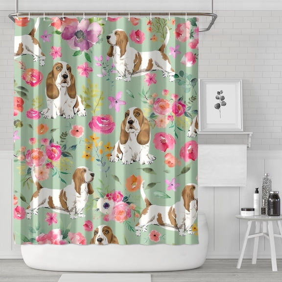Basset Hound and Pioneer Flower Shower Curtain 72"x84" ,Bathroom Decorative Shower Curtains Set with 12 Hooks,Modern Waterproof Washable Shower Curtain