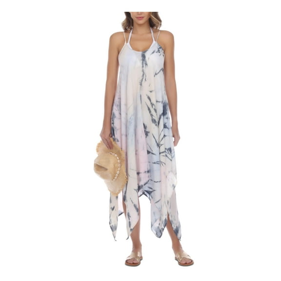 RAVIYA Women's Blue Tie Dye Handkerchief Hem Maxi Deep V Neck Adjustable Swimsuit Cover Up M