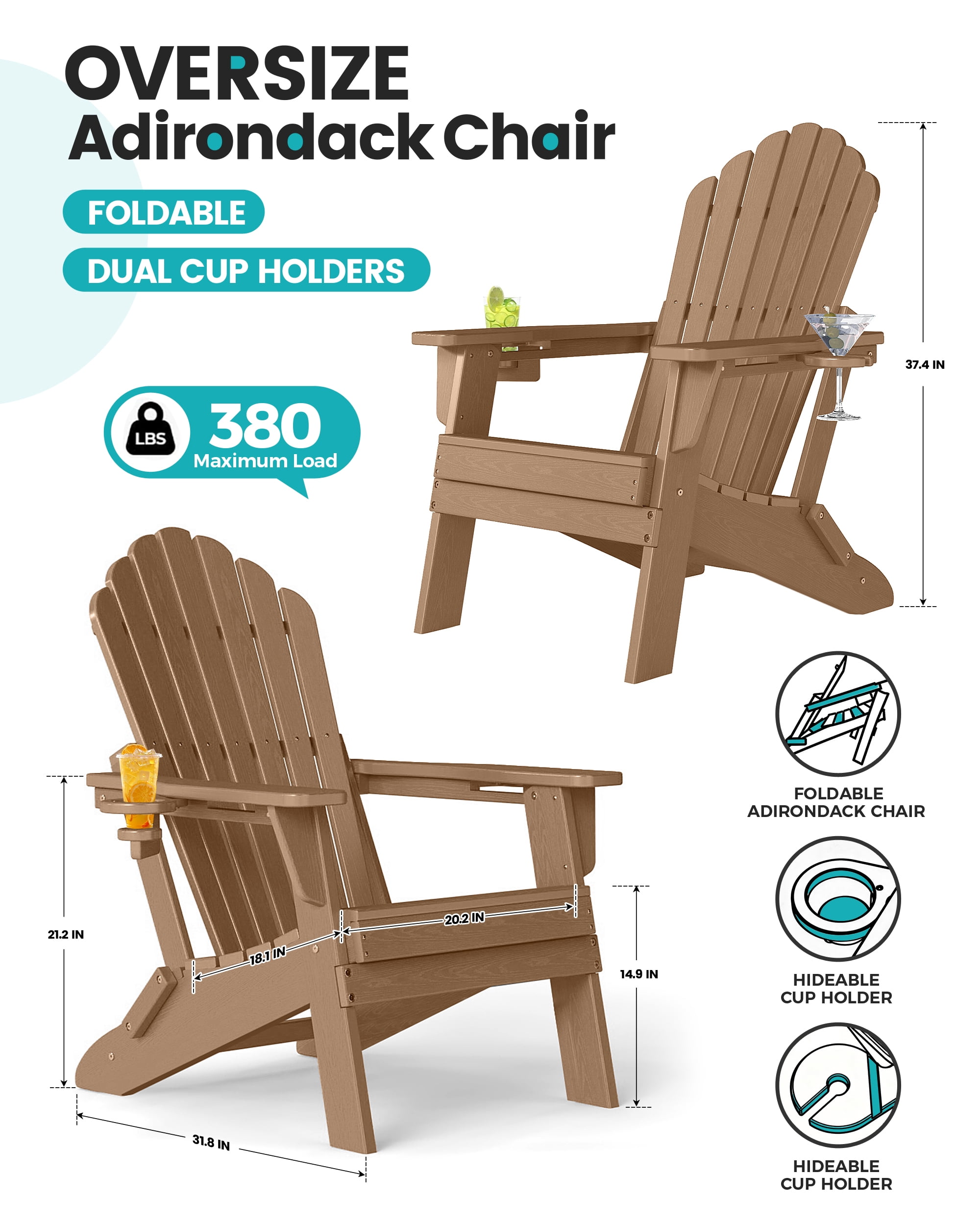 Cobiod Adirondack Chair, Foldable Lawn Chair with Dual Cup Holders, Weather Resistant High Back for Patio, Garden, Beach, Cedar