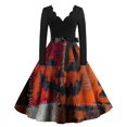 thumbnail image 2 of Women's Halloween Dress Bat Candy Long Sleeve 1950s Cocktail Fall Dresses V Neck Hepburn Retro Casual Dress with Belt XL, 2 of 5