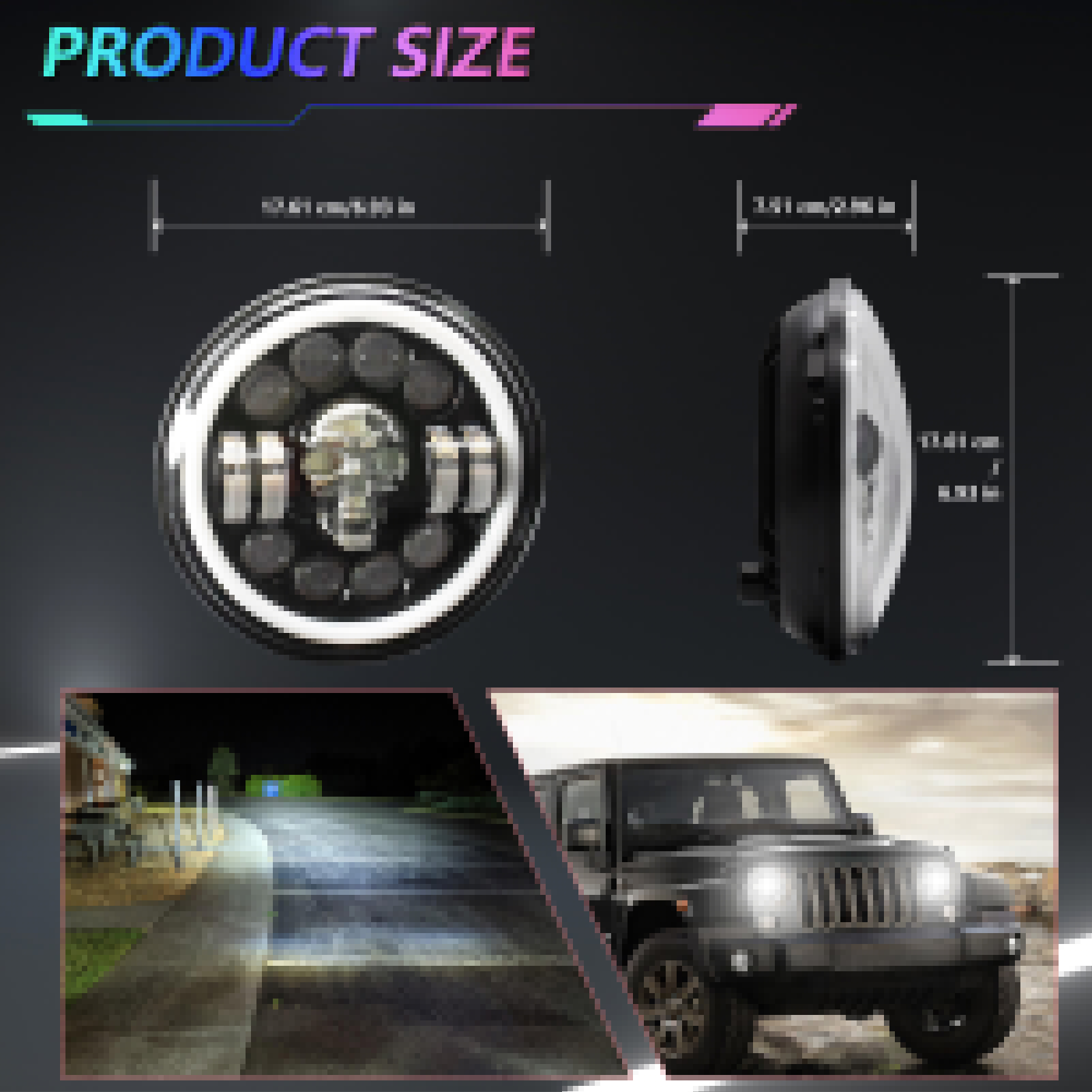 thumbnail image 2 of Tignapoo 7-Inch Multi-Color Skull LED Headlight with H4 Connector - High/Low Beam, Turn Signal, DRL, and Angel Eye Design for Motorcycles and Jeeps, 2 of 6