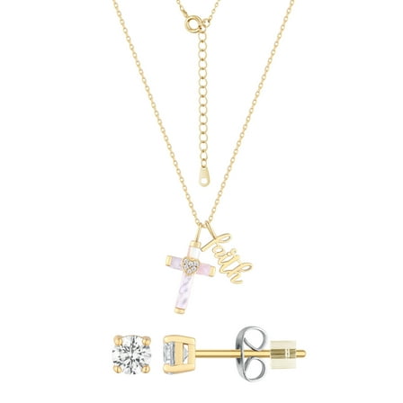 Believe by Brilliance Adult Mother of Pearl and Cubic Zirconia Cross Necklace Set in 14KT Gold Flash Plated