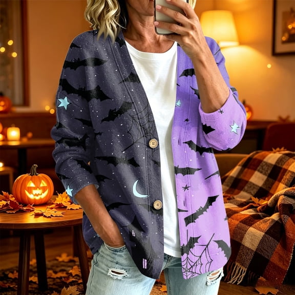 Playzo Women's Cardigan Button-Detail Long Sleeve Casual Lightweight Outerwear with Halloween Print for Spring Fall Everyday Wear and Weekend Lounging Purple_#11331