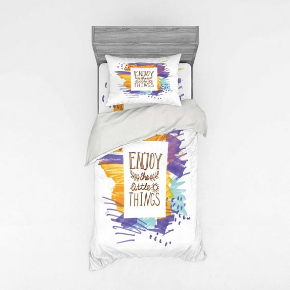 Saying Duvet Cover Set, Modern Style Enjoy the Little Things Lettering, Bedding Set with Shams and Fitted Sheet, 3 Sizes, by Ambesonne