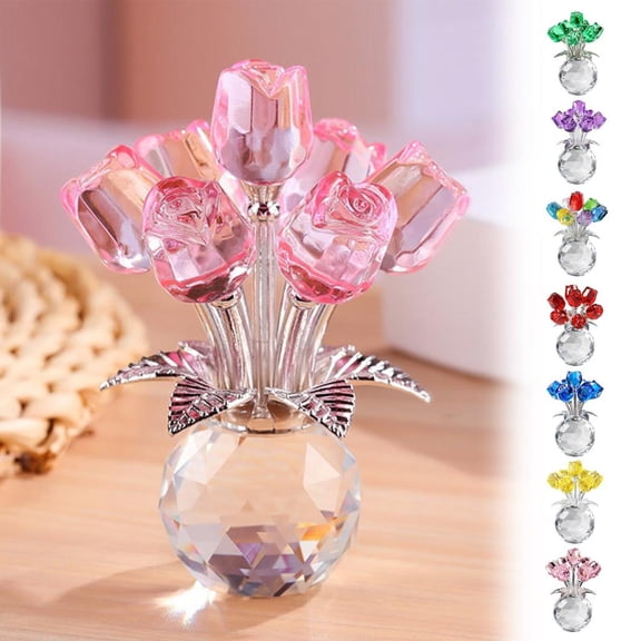 Transparent Crystal Rose Bouquet Decorative Ornament, Ideal Valentines Day or Birthday Gift for Loved Ones, Tabletop, Living Room, Bedroom Home Decoration Accent, HAODEJW, Blue