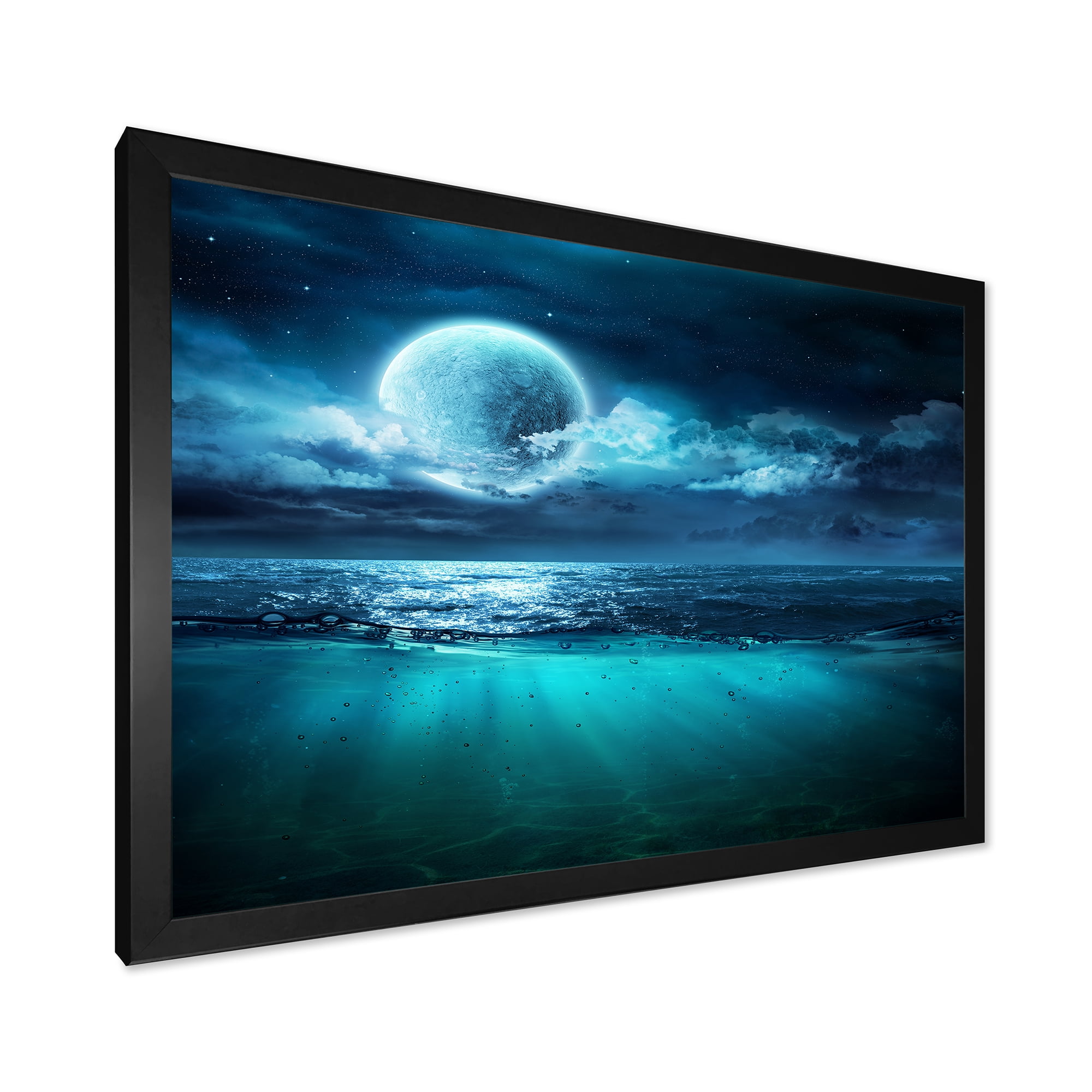 Designart 'Romantic Moon and Clouds Over Deep Blue Sea II' Nautical & Coastal Framed Art Print