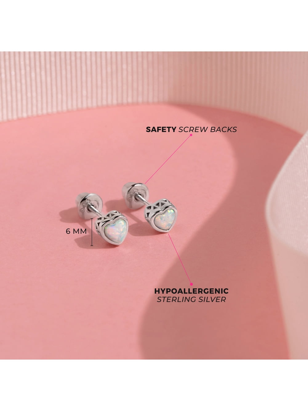 Simulated Opal Birthstone Heart Girls Earrings Screw Back - Sterling Silver