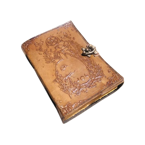 Handmade Leather Journal with Moon & Nature Embossed Design – 5x7 Inch Vintage Deckle Paper Notebook, 200 Pages