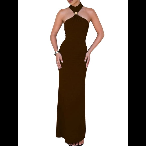 Vestidos Largos Formales Elegantes para Mujer, con Cuello Alto, Sin Mangas, Abertura en la Espalda, para Fiestas, Cócteles y Bodas Color Café L