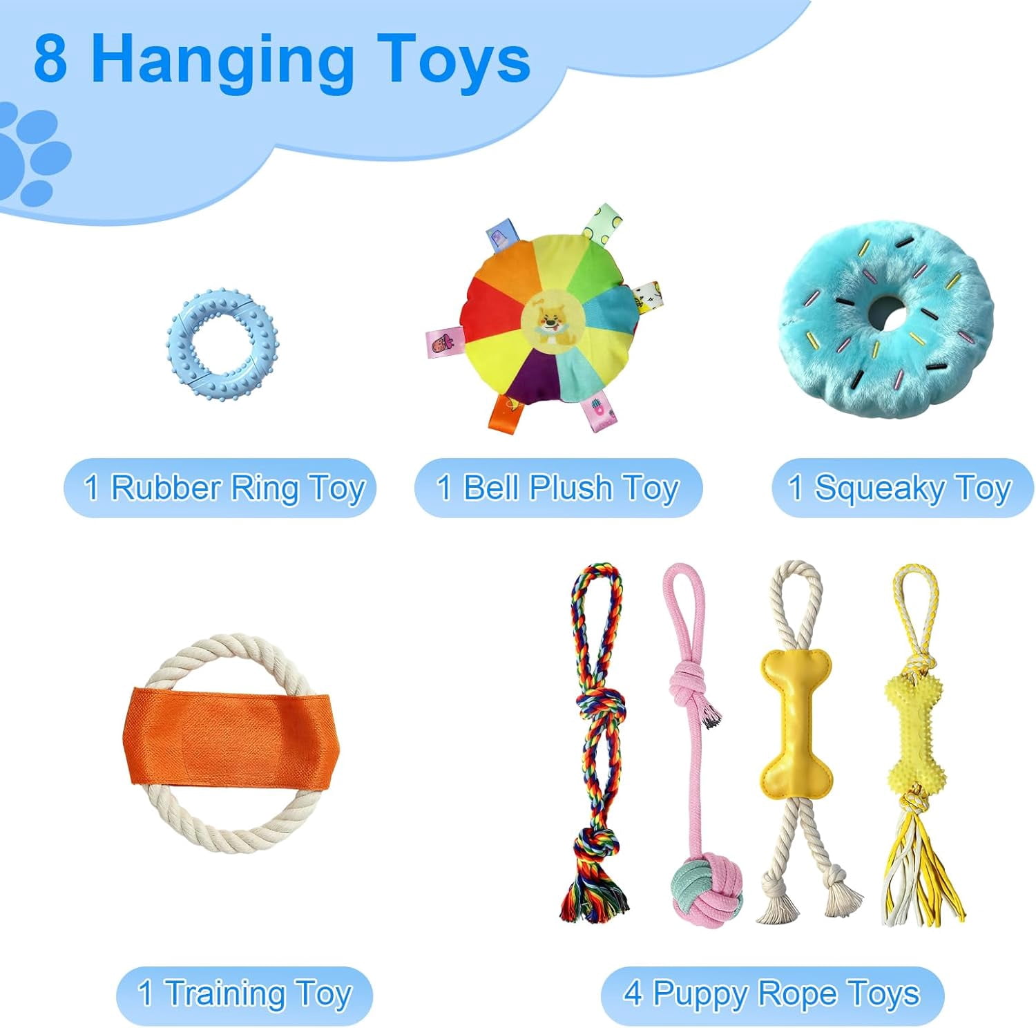 Puppy Play Gym with 8 Hanging Toys - Indoor Jungle Gym for Small Dogs, Interactive Enrichment Activity Center for Puppies, 19.5" PVC Frame with Teething Squeaky Toys to Keep Them Busy