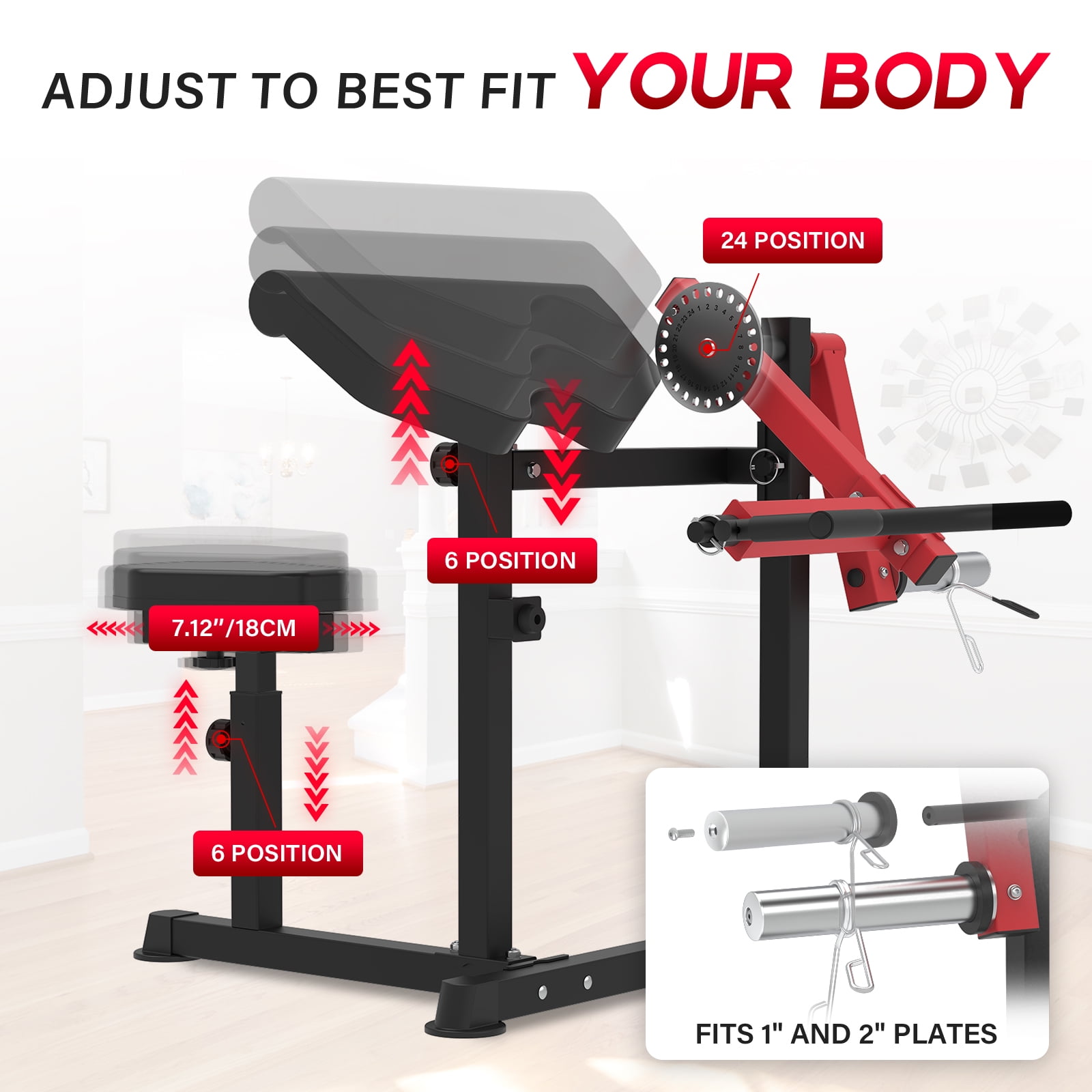 HeeH 2-in-1 Bicep Curl & Tricep Extension Machine - Arm Workout Bench for Home Gym (Red)