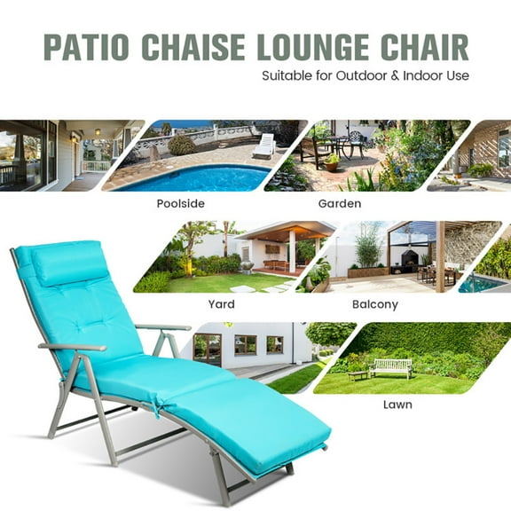 Spaco Patio Lounge Chair, RAdjustable Outdoor Lightweight Folding Chaise Lounge Chair with Pillow, Blue