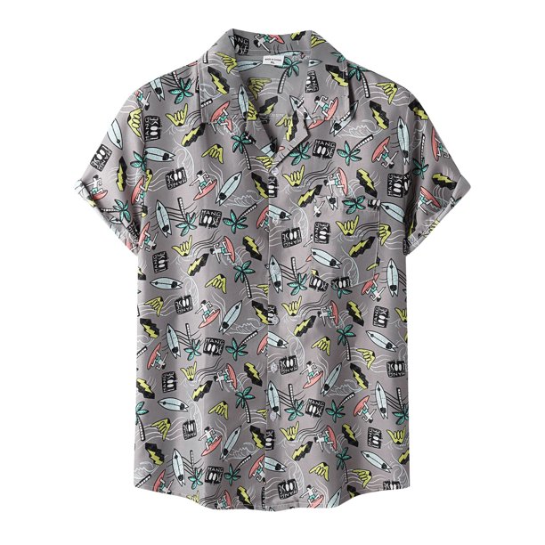 Camisas Deportivas Hombre Camisa de manga Estampado de playa Camisa de cuello casual Botón de hombre Camisas de hombre dobladas (Grey, 3XL)